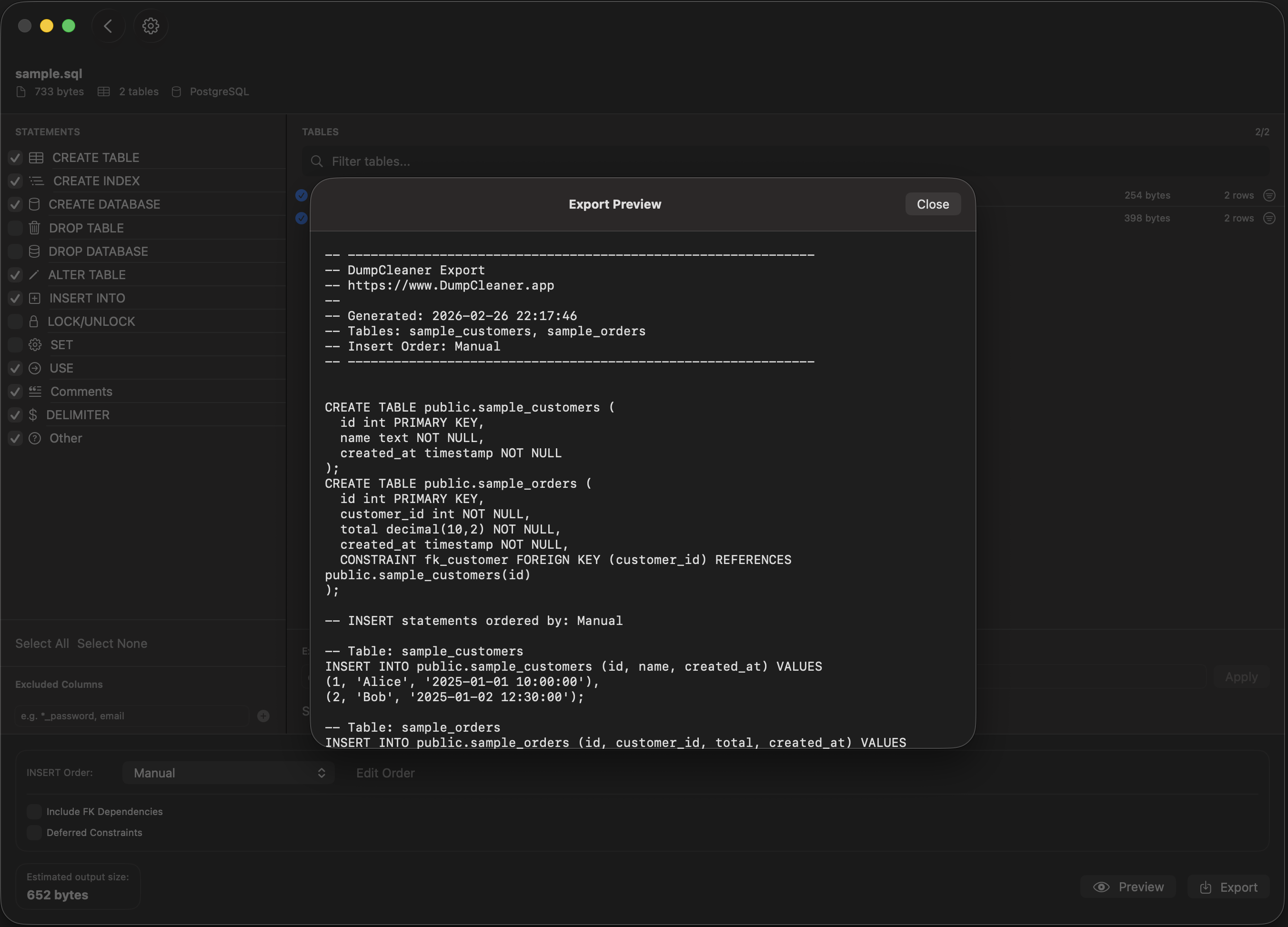 DumpCleaner - Export Preview